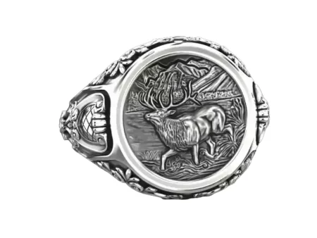 Antique patterned 925 Sterling Silver ring with deer 779