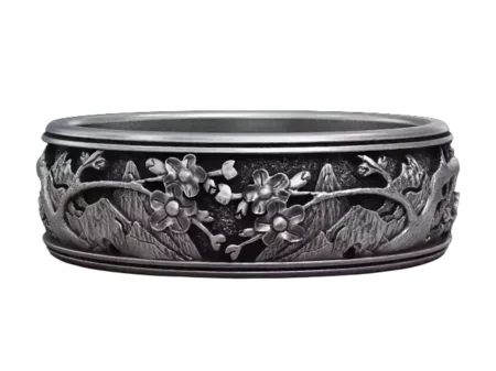 Band 925 Sterling Silver ring landscape oriental flowers mountains