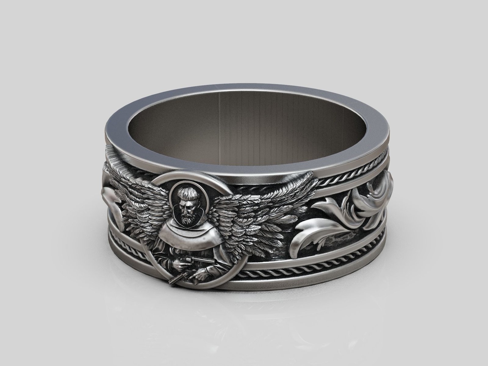 Benedictine Monk wings guns band 925 Sterling Silver ring - Image 3