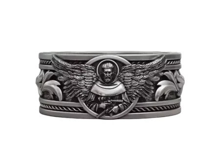 Benedictine Monk wings guns band 925 Sterling Silver ring