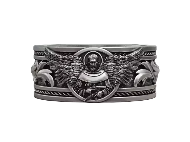 Benedictine Monk wings guns band 925 Sterling Silver ring