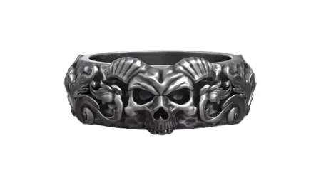 Classic Baroque Carved Hammered Skull Horn 925 Sterling Silver Ring