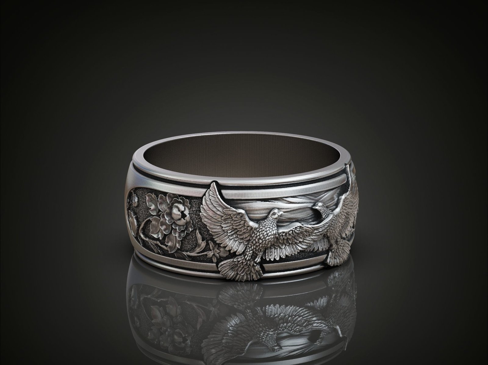 Doves band 925 Sterling Silver ring flowers - Image 2