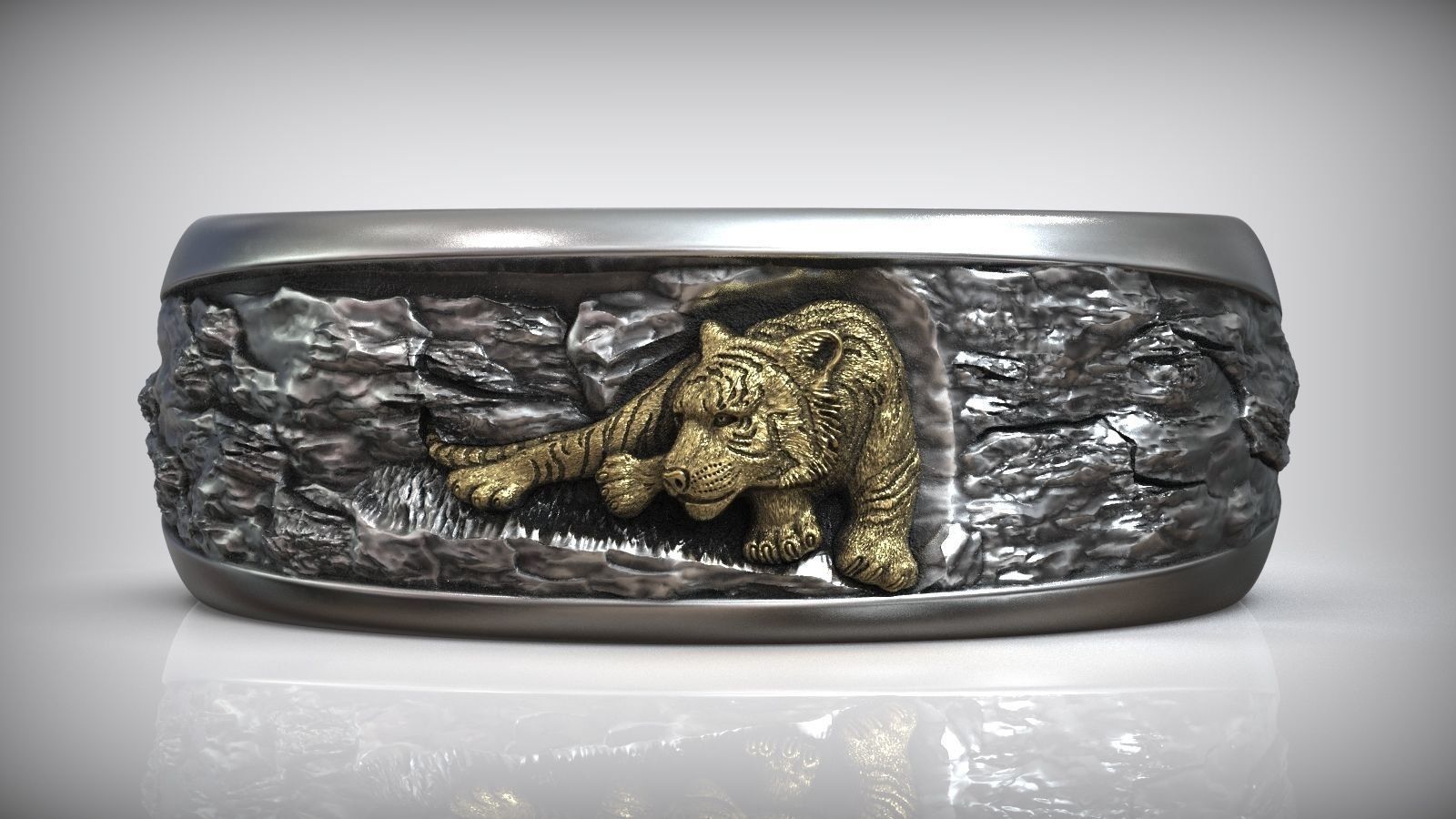 Gold Tiger Oxidized Silver Wedding Band - Image 5