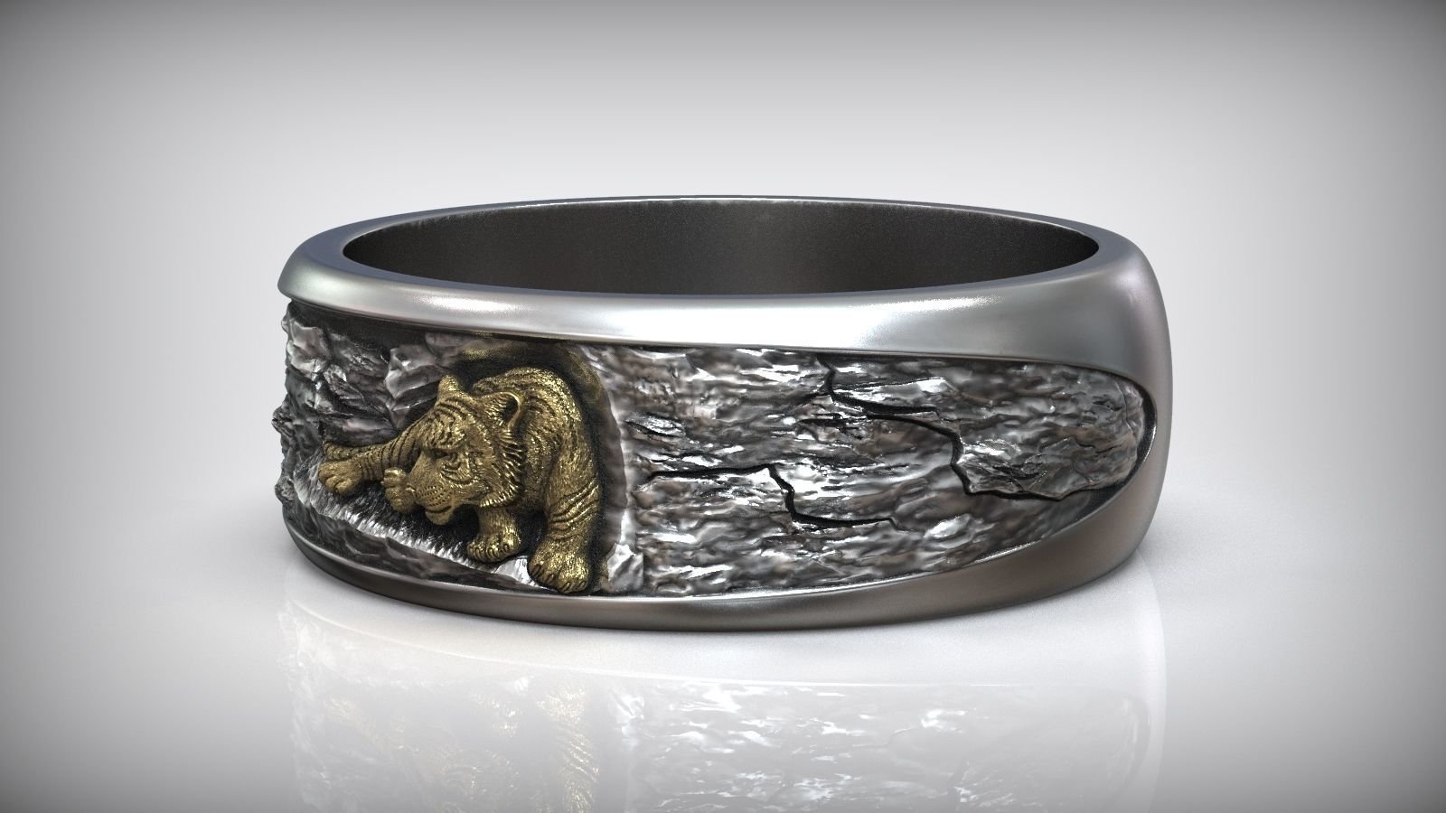 Gold Tiger Oxidized Silver Wedding Band - Image 2