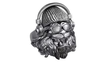 Hipster Lion Head Sunglass Headphones 925 Sterling Silver Ring
