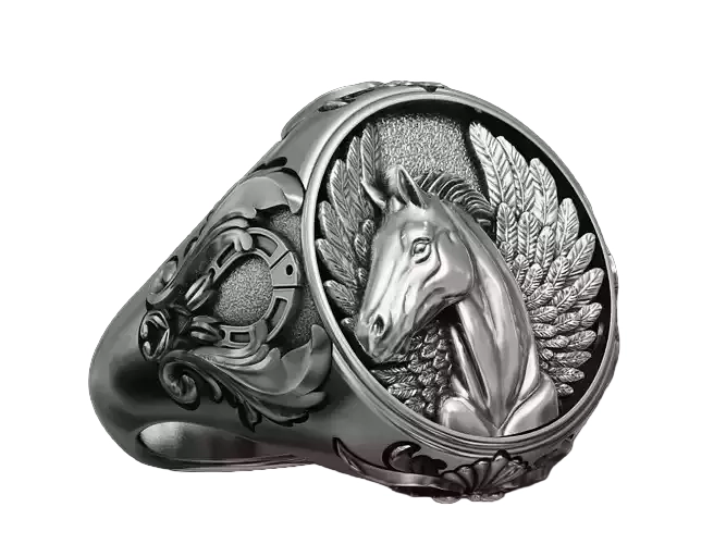 Horse pegasus wings signet 925 Sterling Silver ring