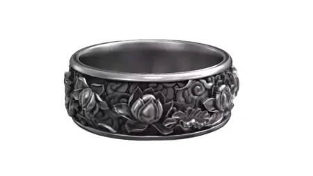 Japanese Lotus Flower Kanji Ornamental Wedding Band