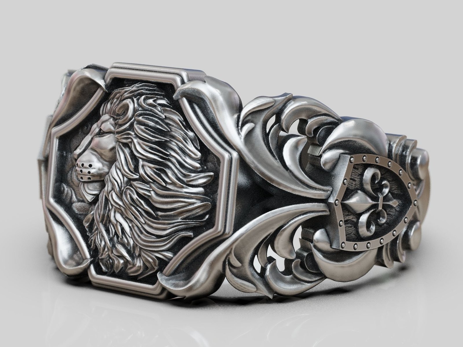 Lion baroque floral scrolls heraldic lily 925 Sterling Silver ring - Image 5