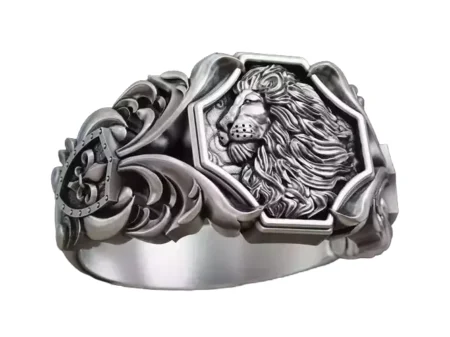 Lion baroque floral scrolls heraldic lily 925 Sterling Silver ring