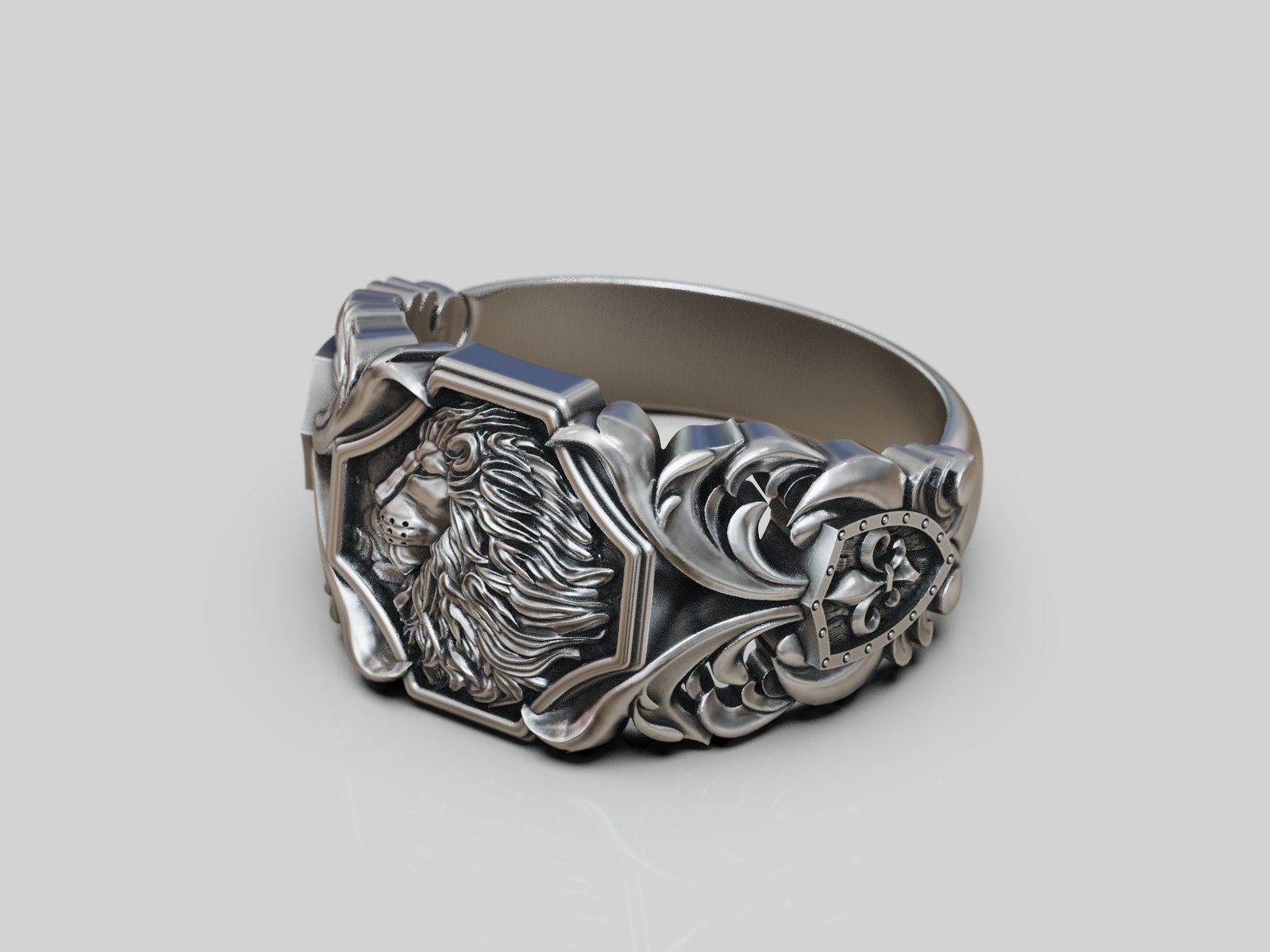 Lion baroque floral scrolls heraldic lily 925 Sterling Silver ring - Image 7