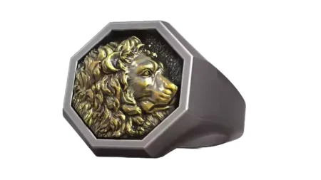 Lion Signet 925 Sterling Silver Ring Octagon Shape Gold Inlay