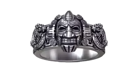 Mayan Traditional Mesoamerica Ornamental Mask Sculpture 925 Sterling Silver Ring