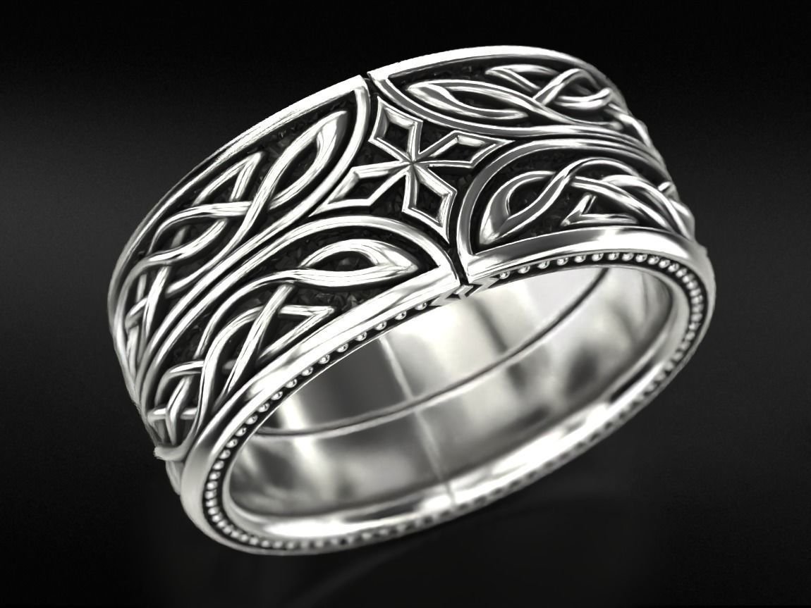 Mens 925 Sterling Silver ring in silver with patterns and a cross 776 - Image 3