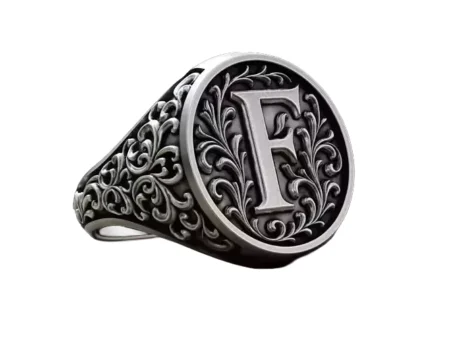 Monogram Signet 925 Sterling Silver Ring letter F Vintage Ornament