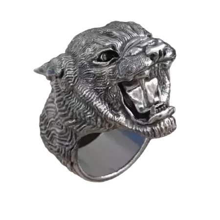 Panther Big Mens 925 Sterling Silver Ring with Open Mouth Detailed Wild Animal