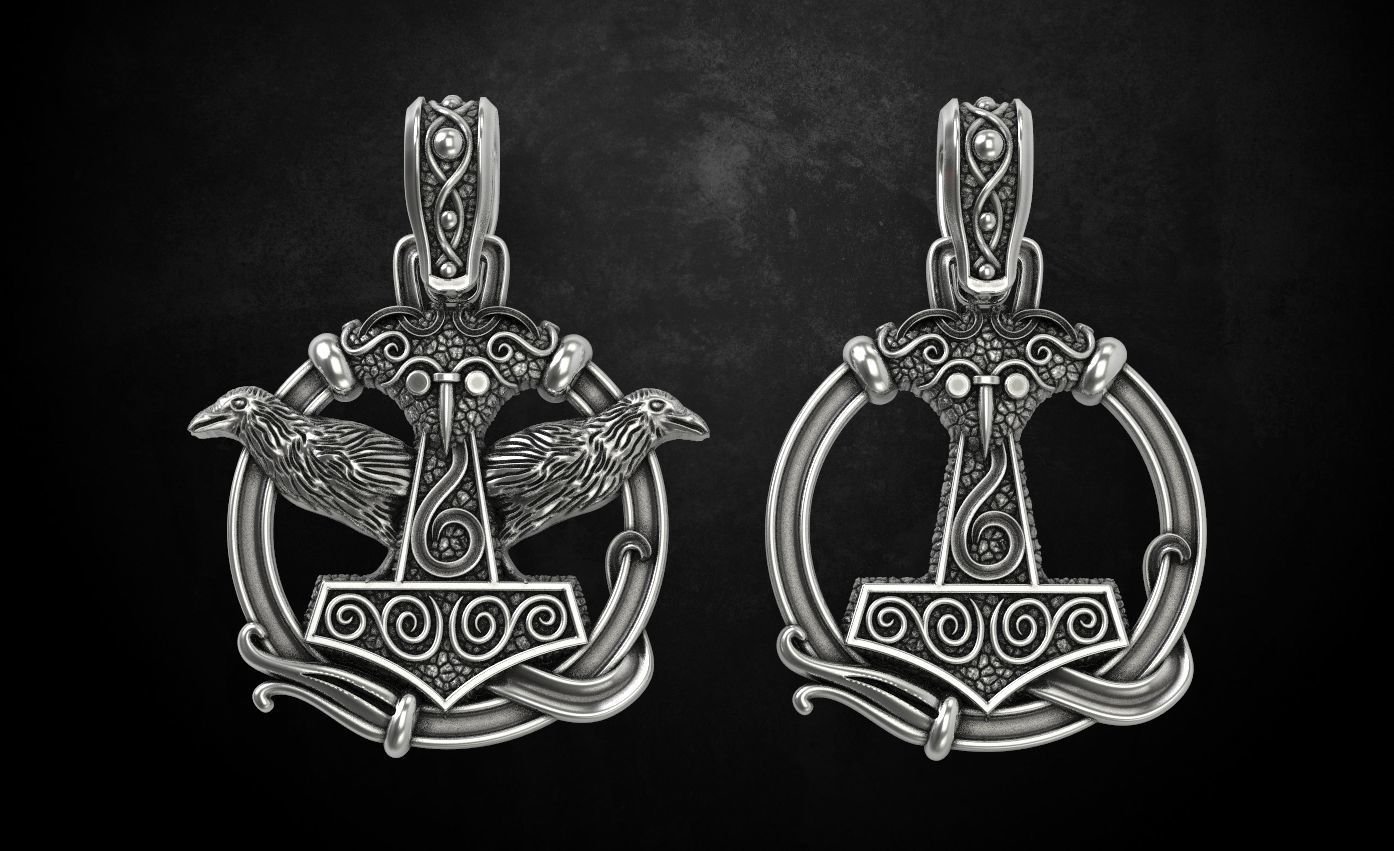 925 Sterling Silver Pendant hammer with patterns there is a variant with ravens 292 - Image 2