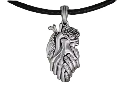 925 Sterling Silver Pendant heart hands rose flower