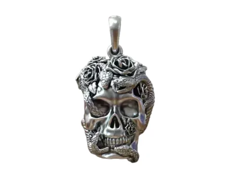 925 Sterling Silver Pendant skull roses serpents biker jewelry