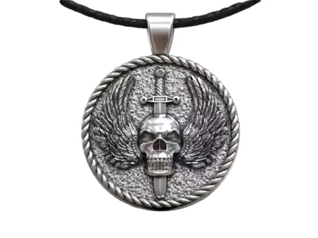 925 Sterling Silver Pendant skull wings sword