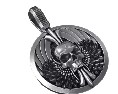 925 Sterling Silver Pendant skull with wings for bikers 335