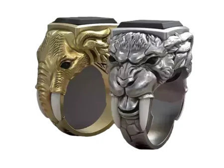 925 Sterling Silver Ring sabertooth tiger and elephant