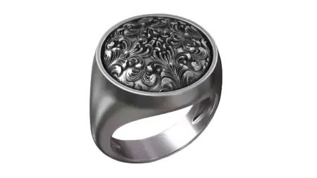 Rococo Floral Ornament Signet Circle 925 Sterling Silver Ring