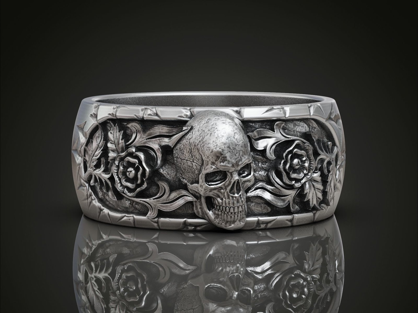 Skull flowers band 925 Sterling Silver ring - Image 2