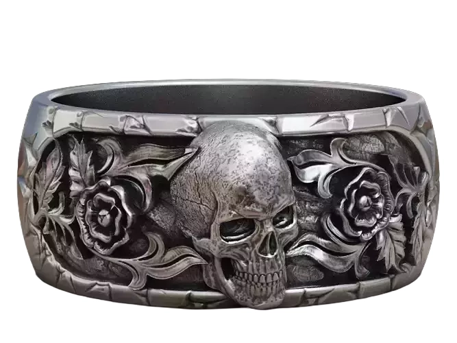 Skull flowers band 925 Sterling Silver ring