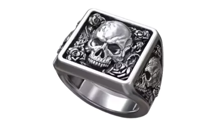 Skull Head Roses Flower Thorns Square Engraved Signet