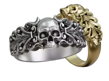 Skull 925 Sterling Silver ring baroque floral scrolls