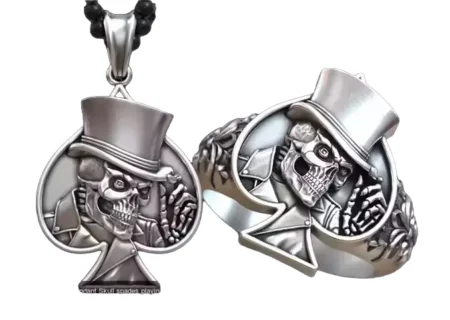 Skull spades poker 925 Sterling Silver ring and pendant