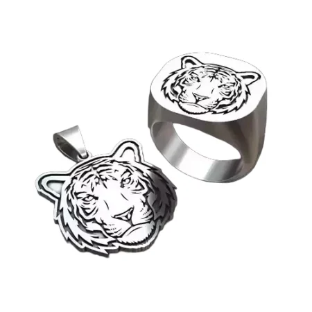 Tiger Face 925 Sterling Silver Ring and Pendant Set