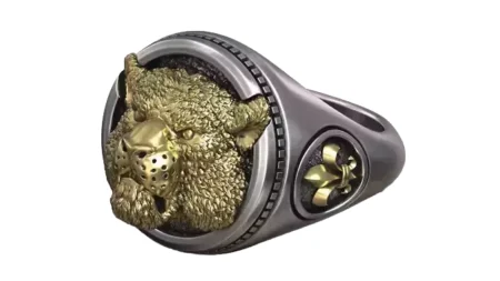 Tiger Head Signet 925 Sterling Silver Ring Oxidized Silver Fleur De Lis