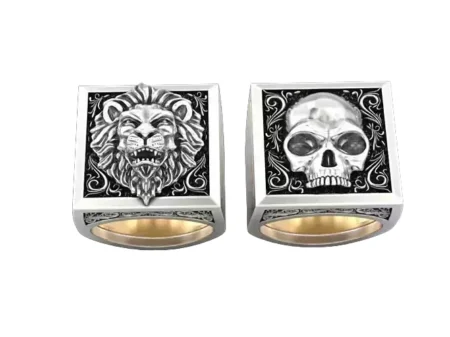 Lion Skull Secret Compartment 925 Sterling Silver Ring Set - 2 PCS