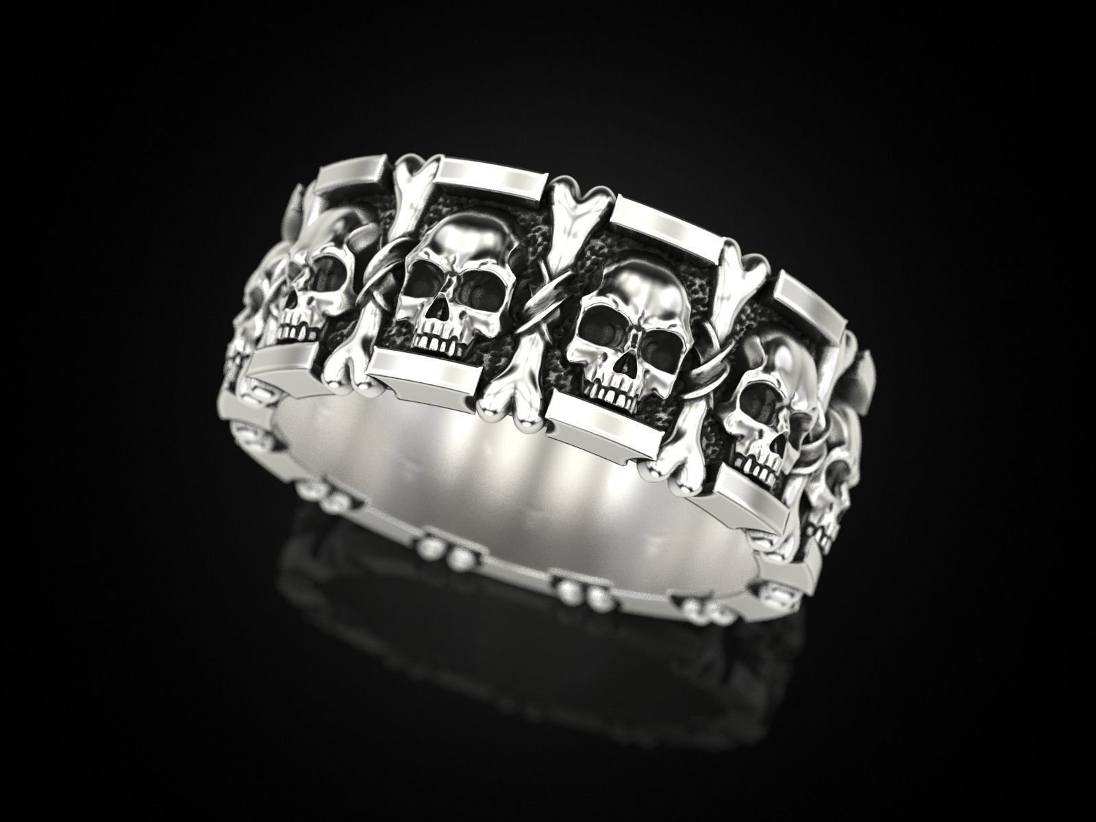 925 Sterling Silver Ring many skulls and bones - Image 3