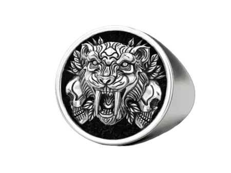 Saber toothed tiger and skull 925 Sterling Silver ring