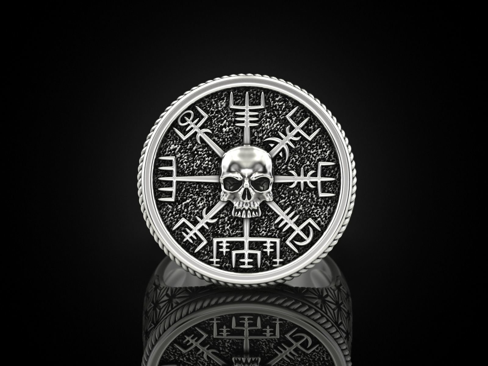 Vegvisir skull 925 Sterling Silver ring - Image 2